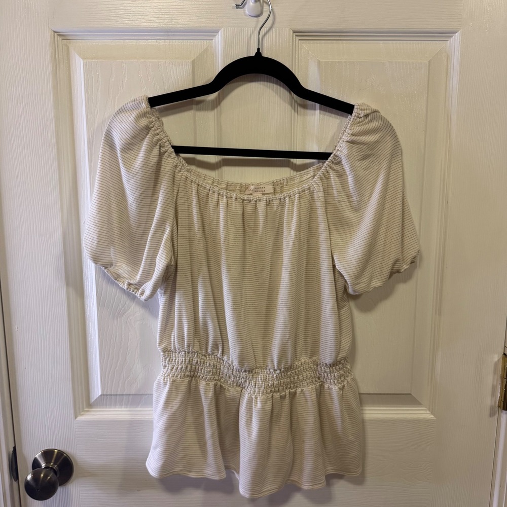 LC Lauren Conrad Metallic Striped Smocked Peplum Puff Sleeve Blouse Cream Gold M